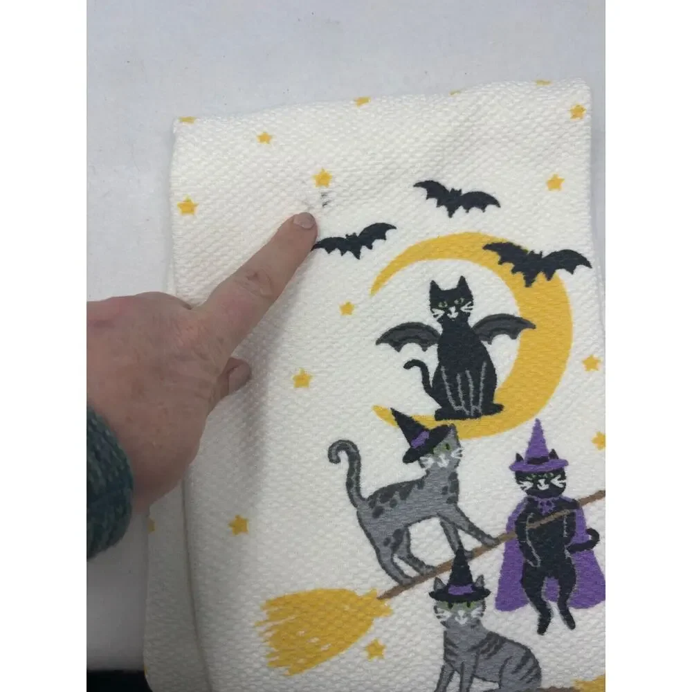 2 Nogovratz Happy Meoween Halloween Kitchen Towels‎ 100% Cotton Black Cats Bats